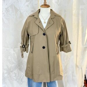 Vintage Forever 21 Khaki Trench Coat 3/4 Sleeve Belted Buckle Womens Size S